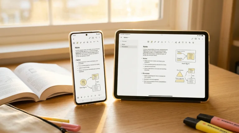 Student notes app on Android phone beside textbooks