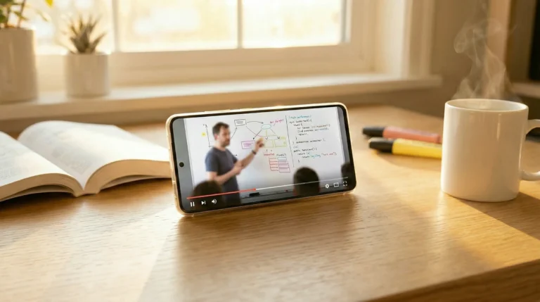 Tech video tutorial on phone screen with coffee