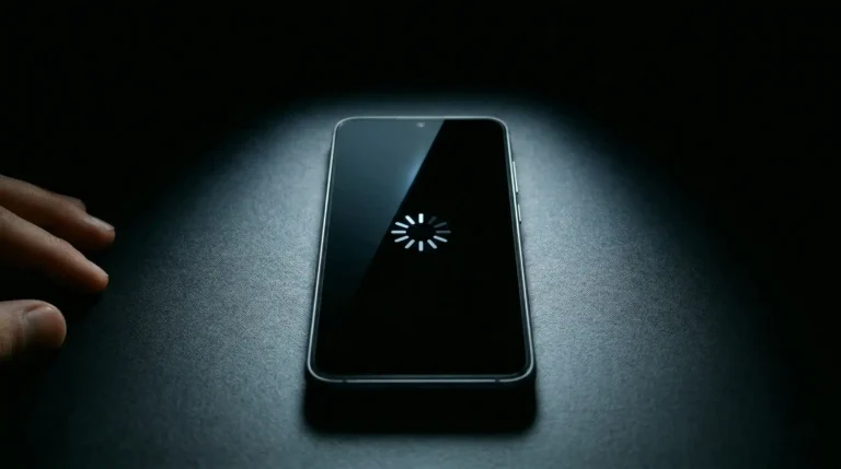 Frozen Android phone with loading spinner on dark wooden desk