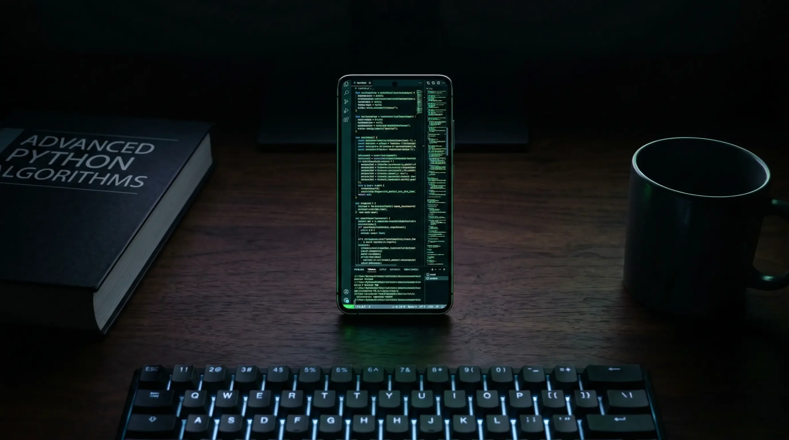 Code editor with syntax highlighted code on Android phone screen at night