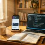 Learning digital skills online using Android phone and laptop with notebook
