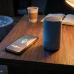 Android phone with microphone icon wirelessly connected to Bluetooth speaker