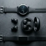 Premium smartwatch and wireless earbuds on dark slate surface
