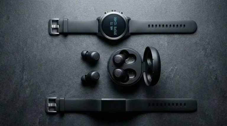 Premium smartwatch and wireless earbuds on dark slate surface